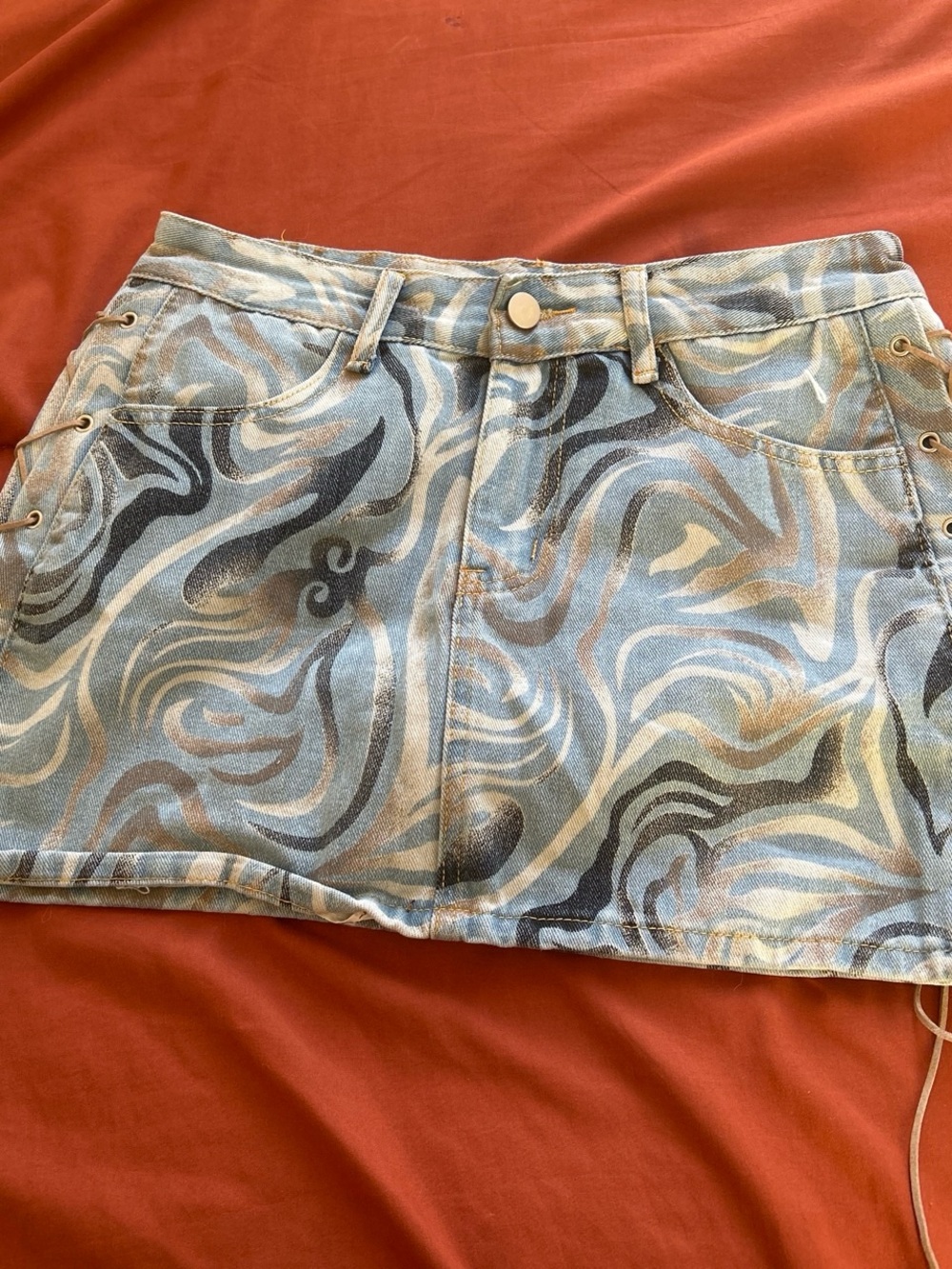 Swirl Print Denim Mini Skirt - Blue Multi